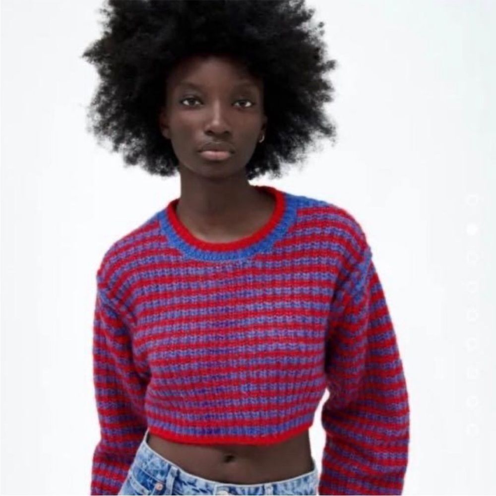 ZARA Cropped Boxy Sweater | Red & Blue Chunky Knit | Alpaca Wool | Oversized sma